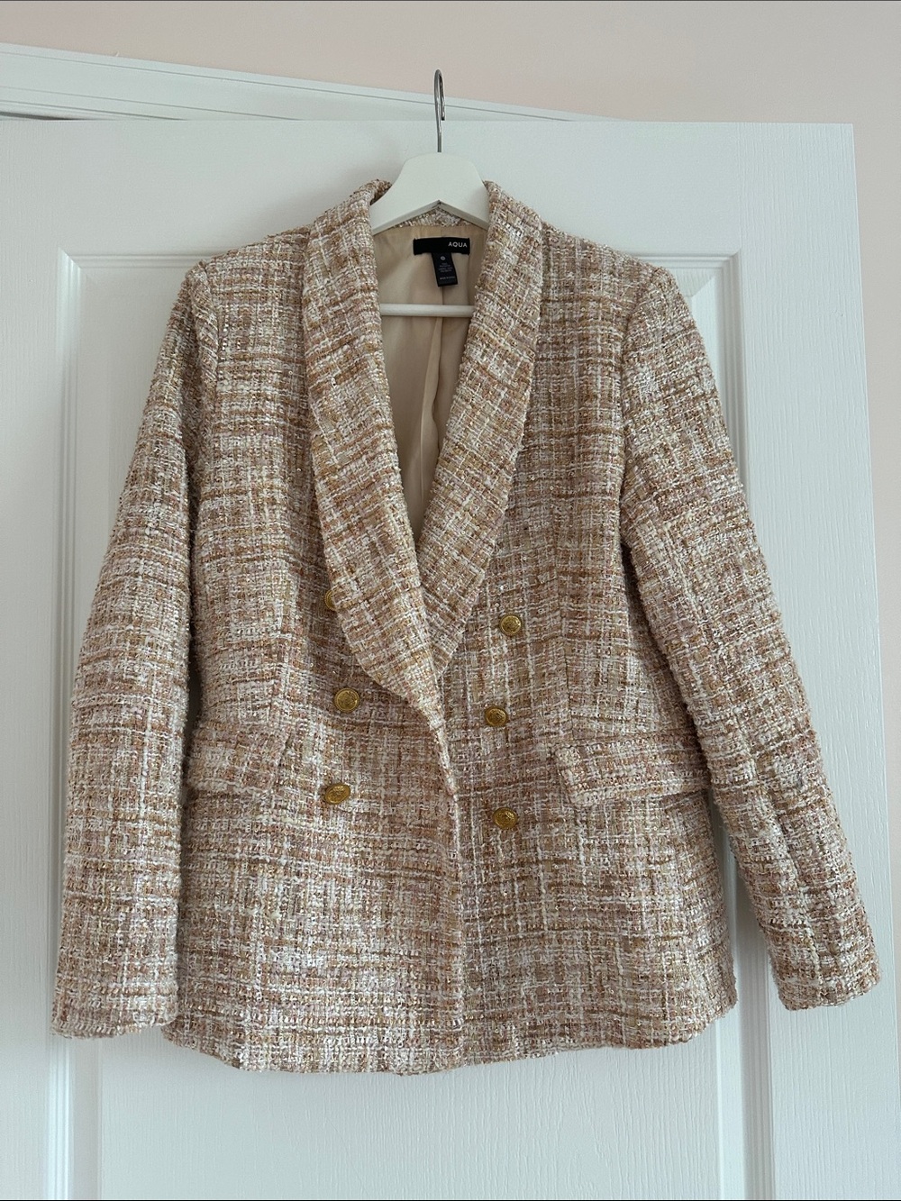 Aqua Tan & Pink Tweed Double-Breasted Blazer